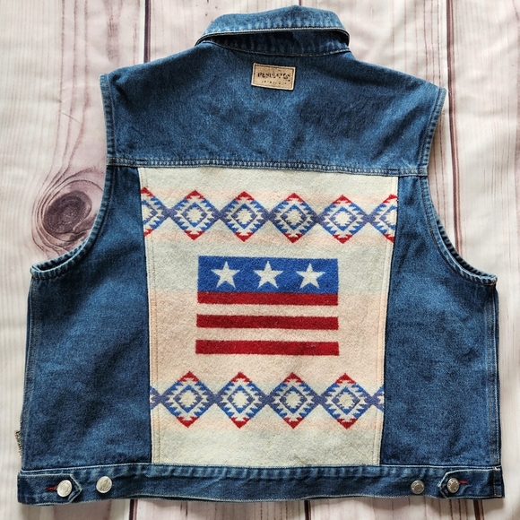 Pendleton Vintage Denim Vest Wool Blanket USA Flag Red White | Women's Size XL - Picture 5 of 12